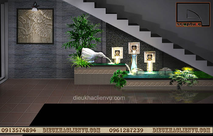 Tiểu cảnh gầm cầu thang với c&acirc;y xanh v&agrave; tượng đi&ecirc;u khắc